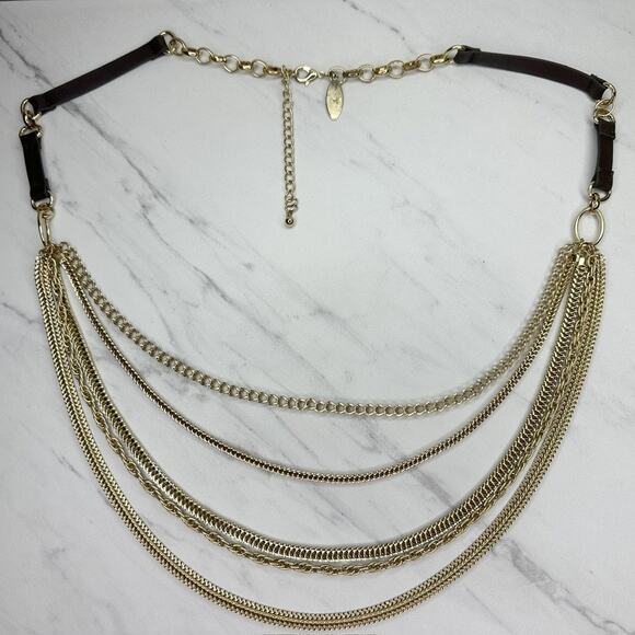 Chico's Brown Faux Leather Gold Tone Multi Chain Link Necklace ✨ - Picture 2 of 16